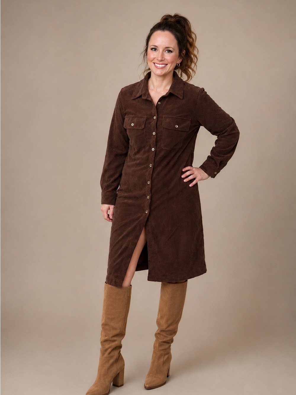 Women’s Brown Corduroy Shirt Dress Small Button Front Long Sleeve Midi Casual